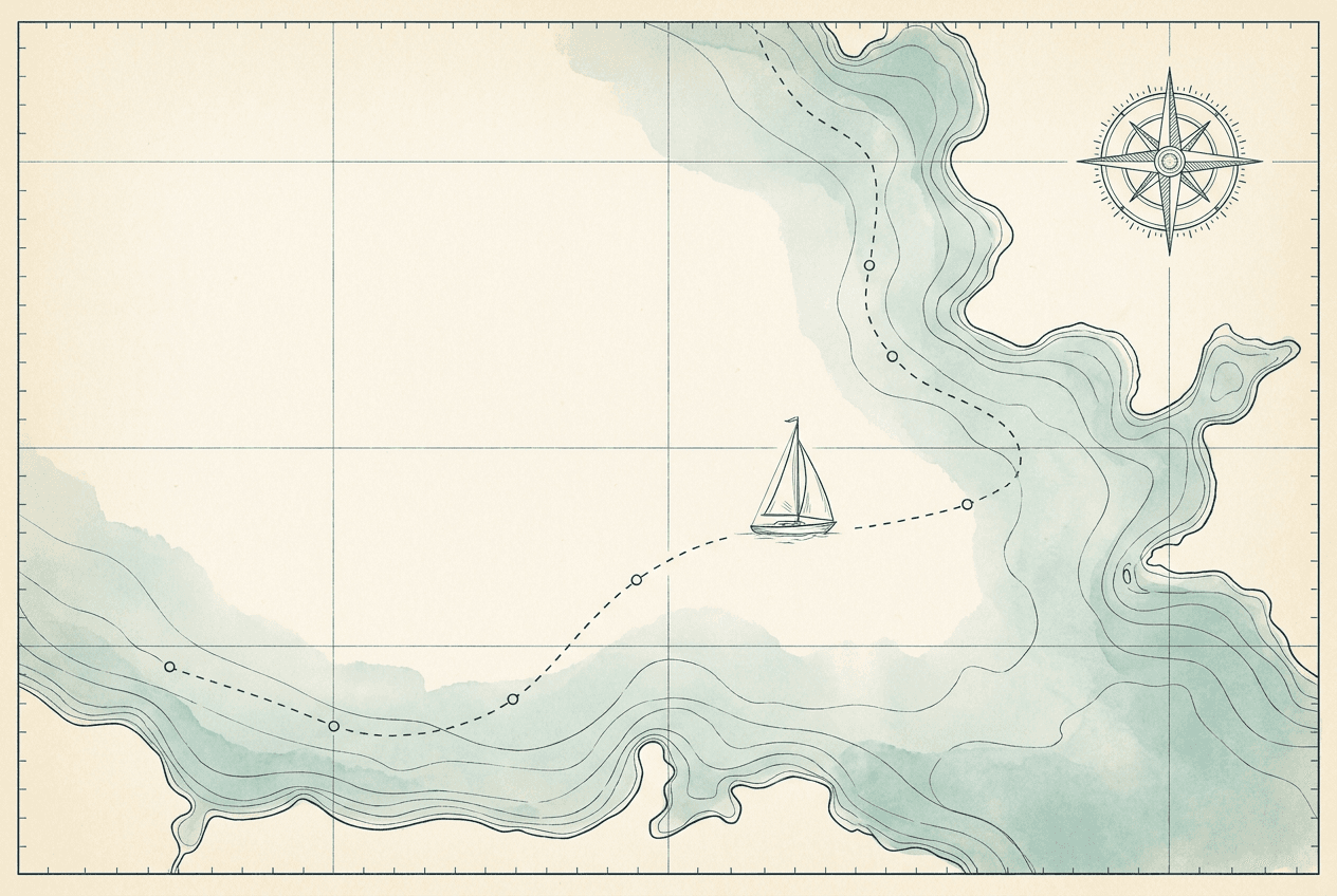 Vintage nautical chart with a small sailboat following a dashed route between waypoints, with a compass rose in the corner.