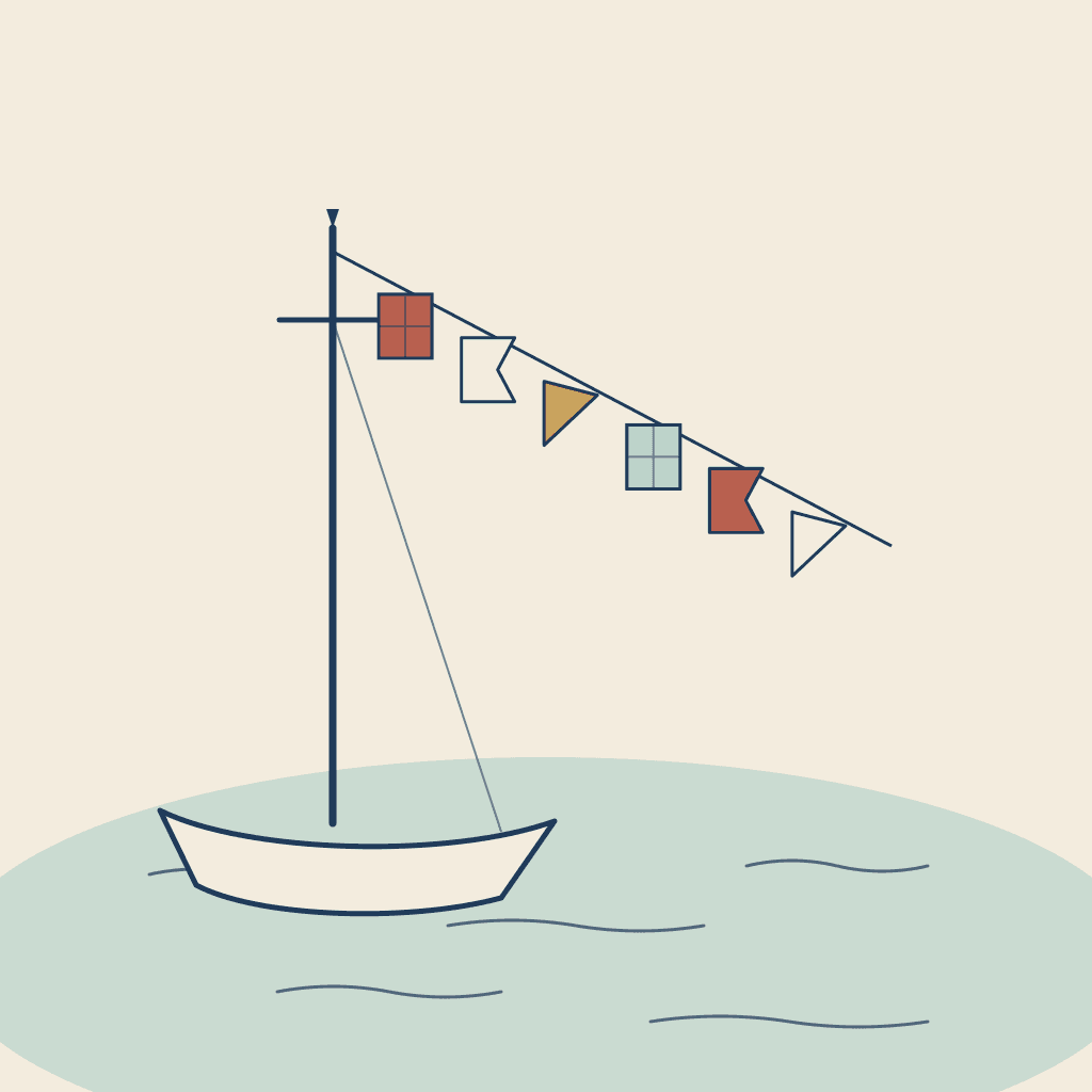 Ink and watercolor illustration of a line of maritime signal flags strung from a ship's mast above calm water.