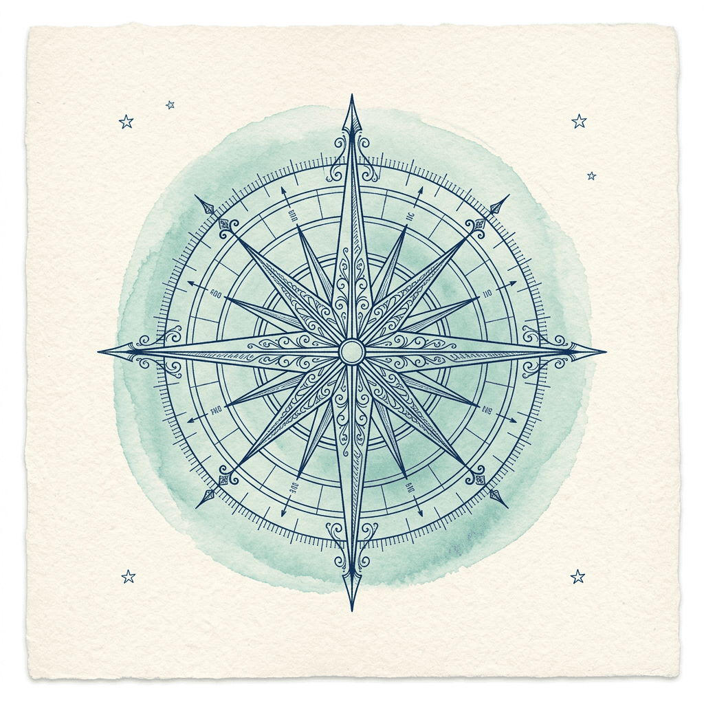 Ink illustration of a large ornate compass rose over a soft seafoam watercolor circle on cream paper.