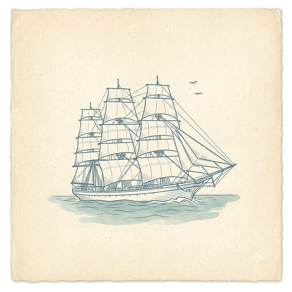Ink illustration of a tall clipper ship under full sail, gulls overhead, in cream and ink-blue chart style.