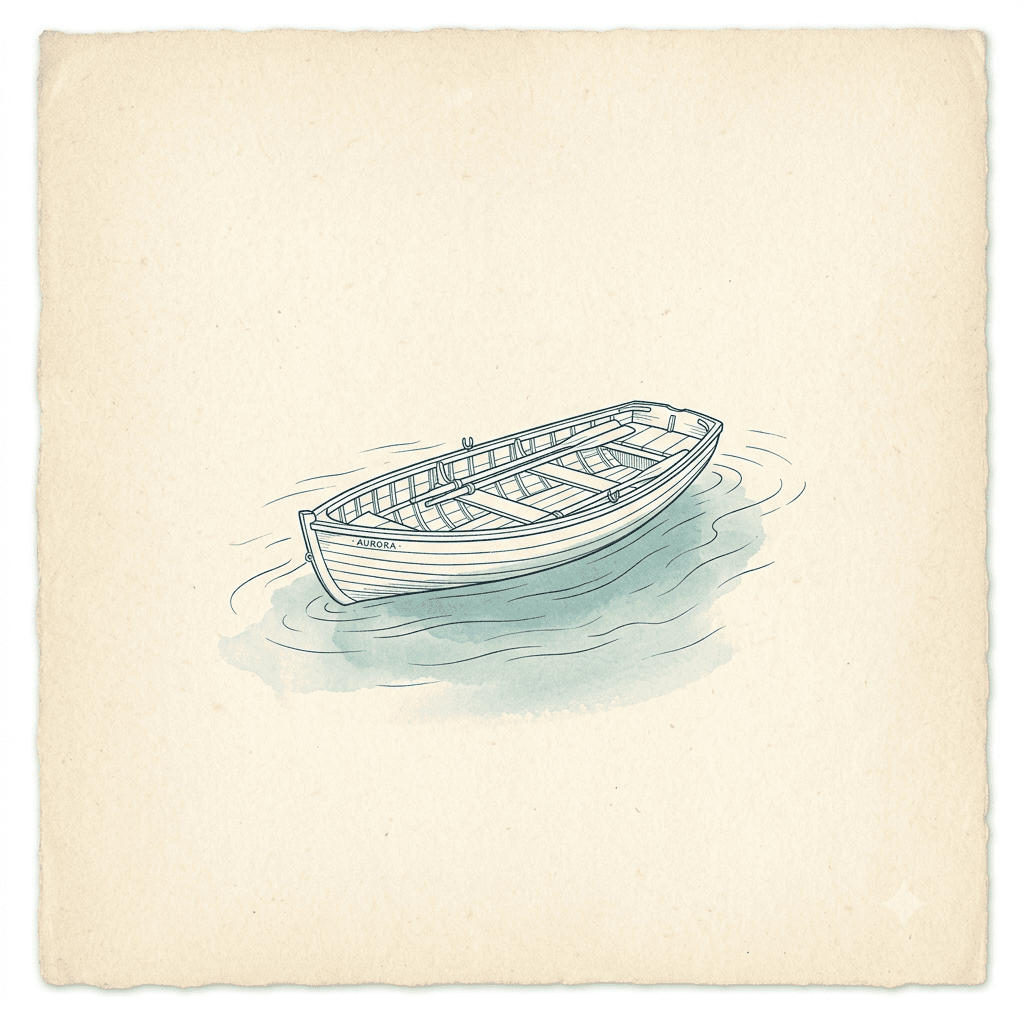 Ink and watercolor illustration of a small wooden rowboat named Aurora, resting on calm seafoam-green water.