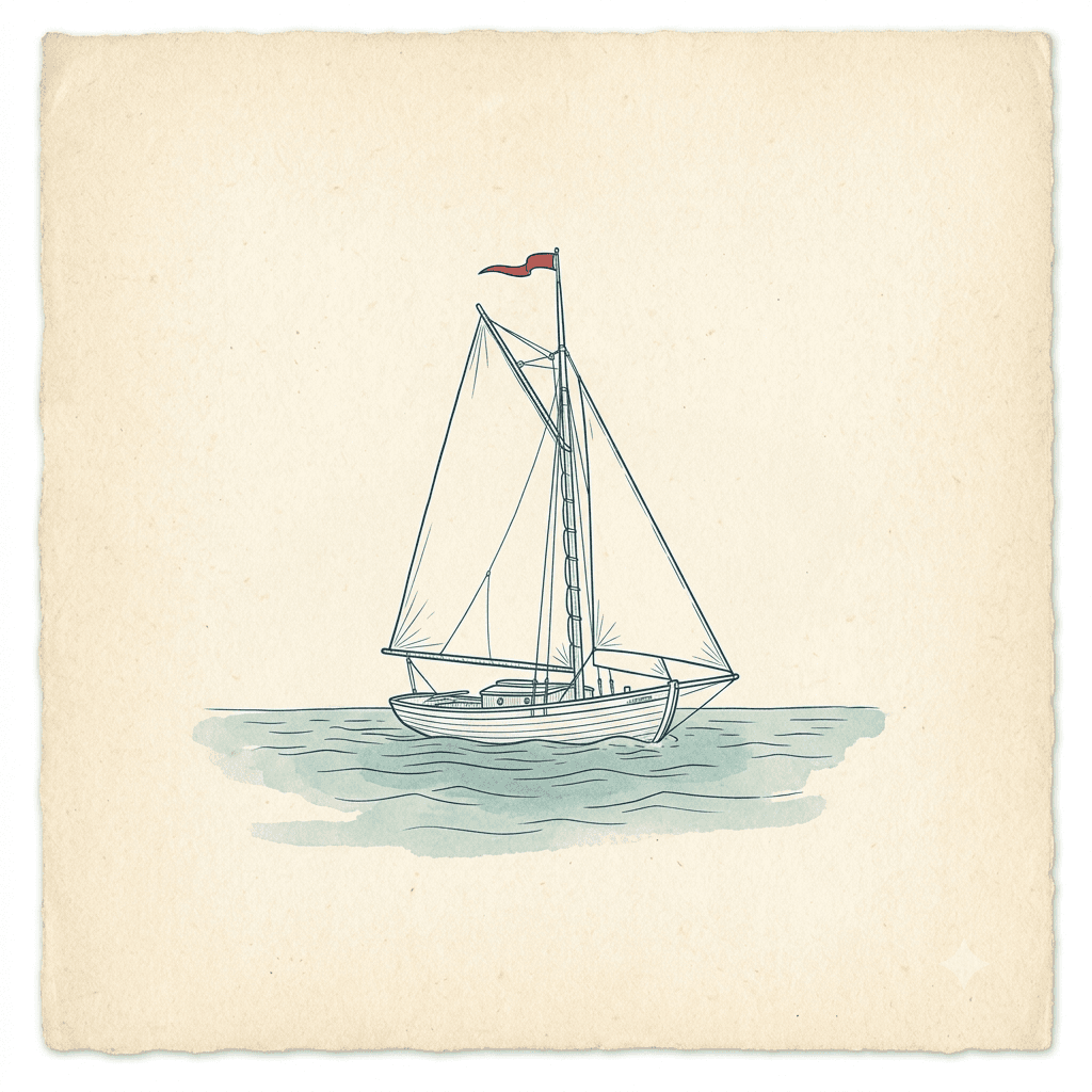 Ink and watercolor illustration of a single-masted sloop with a small red pennant, at rest on seafoam-green water.